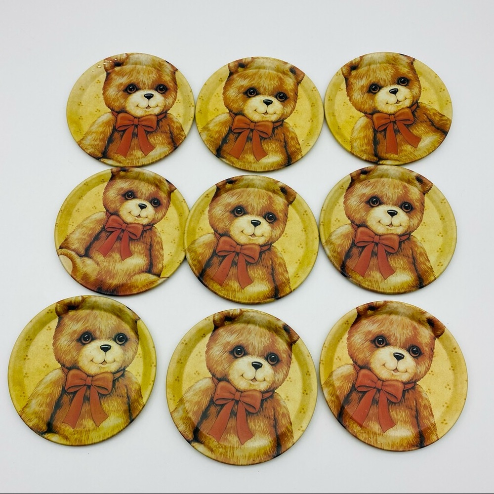 Vintage 9 piece metal Teddy Bear coasters drink holders.